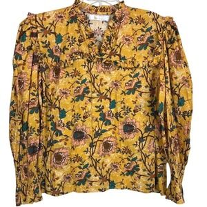 Bindu Corinne 100% Cotton Long Sleeve Floral Top Yellow Ruffle Trim Size XL